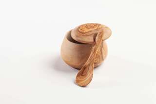 Zuckerdose mit Löffel aus Olivenholz, bombiert, ca. 10 cm