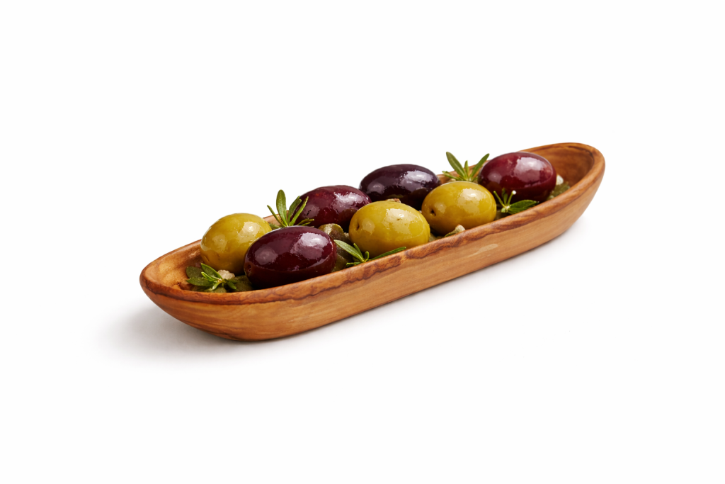 Rustikales Antipasti- und Olivenschiffchen, ca. 25 × 5,5 cm
