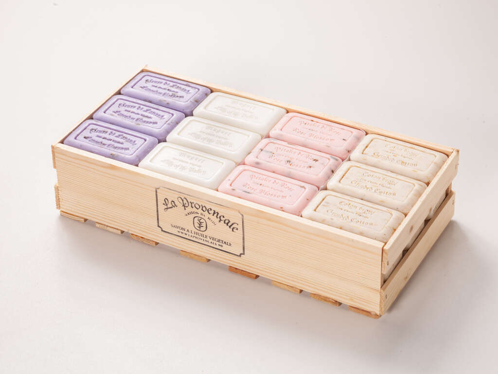 Assorted crate with Soaps of Marseille, 36 Pc. in wooden crate "floral"