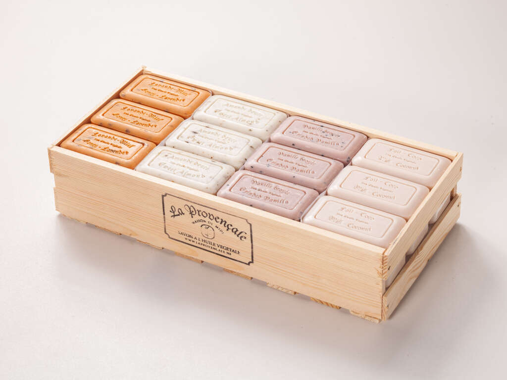 Assorted  crate with Soaps of Marseille 125g , 36 Pc. "sweet & warm"