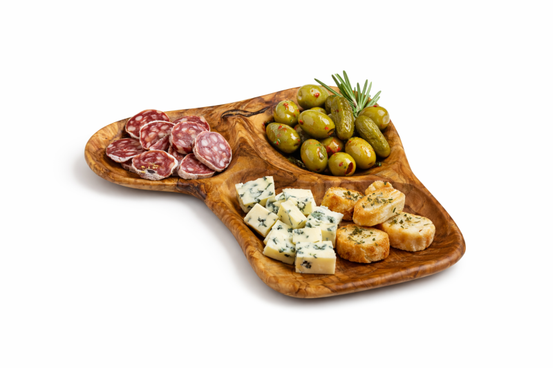 Großer Tapas-Teller und Vorspeisenplatte aus Olivenholz